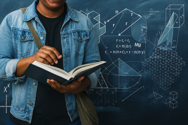 Dieses Bild dient als Teaserbild ohne Relevanz für den Textinhalt und zeigt eine Person in Jeansjacke, die ein aufgeschlagenes Buch hält und darin liest. Im Hintergrund ist eine Tafel mit mathematischen und geometrischen Formeln, Diagrammen und Skizzen zu sehen.