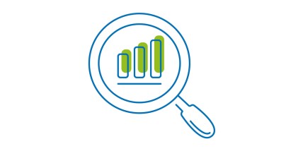 Piktogramm zeigt eine Lupe, durch die ein Balkendiagramm zu erkennen ist.