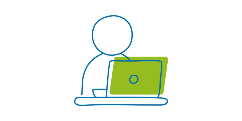 Das Icon zeigt eine Person in einer Arbeitssituation vor einem Laptop.