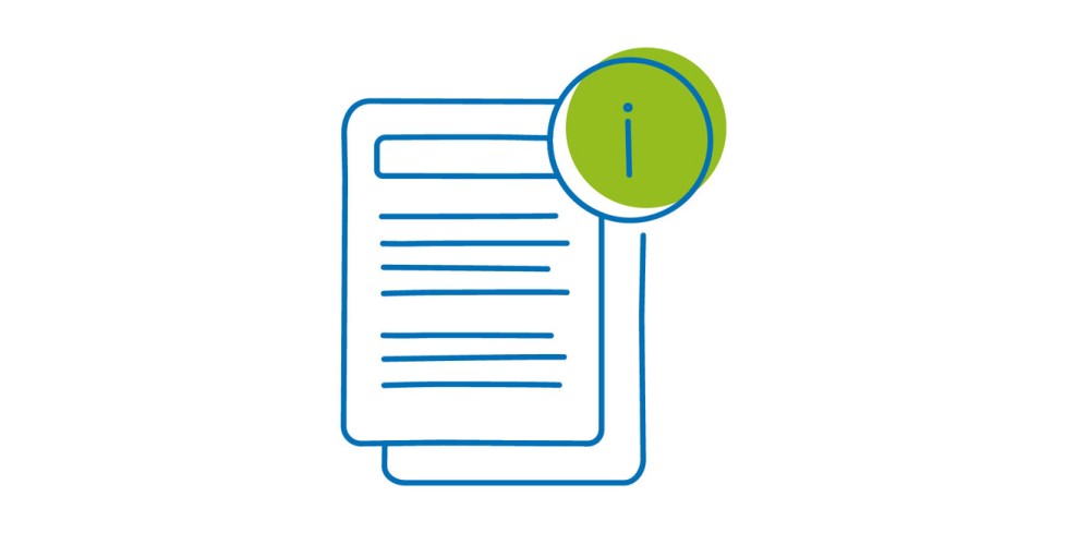 Das Icon zeigt einen kleinen Stapel Infoblätter mit einem zusätzlichen I in einem Kreis als Symbol für Information.