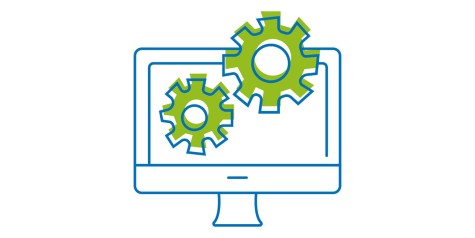 Das Icon zeigt einen Computerbildschirm, der von einem kleinen und einem großen Zahnrad überlagert wird.