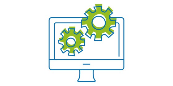Das Icon zeigt einen Computerbildschirm, der von einem kleinen und einem großen Zahnrad überlagert wird.
