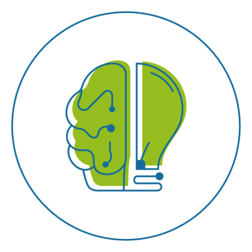 Logo mit einer Hälfte aus einem Gehirn und einer anderen Hälfte aus einer Glühbirne mit blauen Linien und grünem Hintergrund.