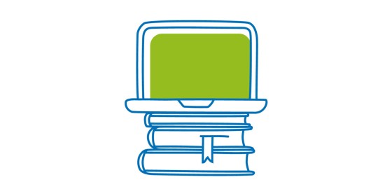 Das Icon zeigt einen Laptop, der auf einem Bücherstapel steht.